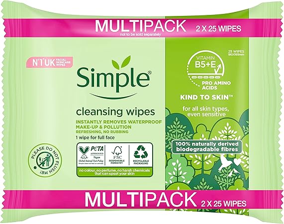 Simple Biodegradable Cleansing Wipes 2x25