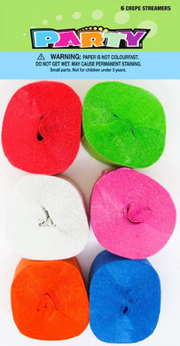 Party Crepe Streamers 6Roll Assorted